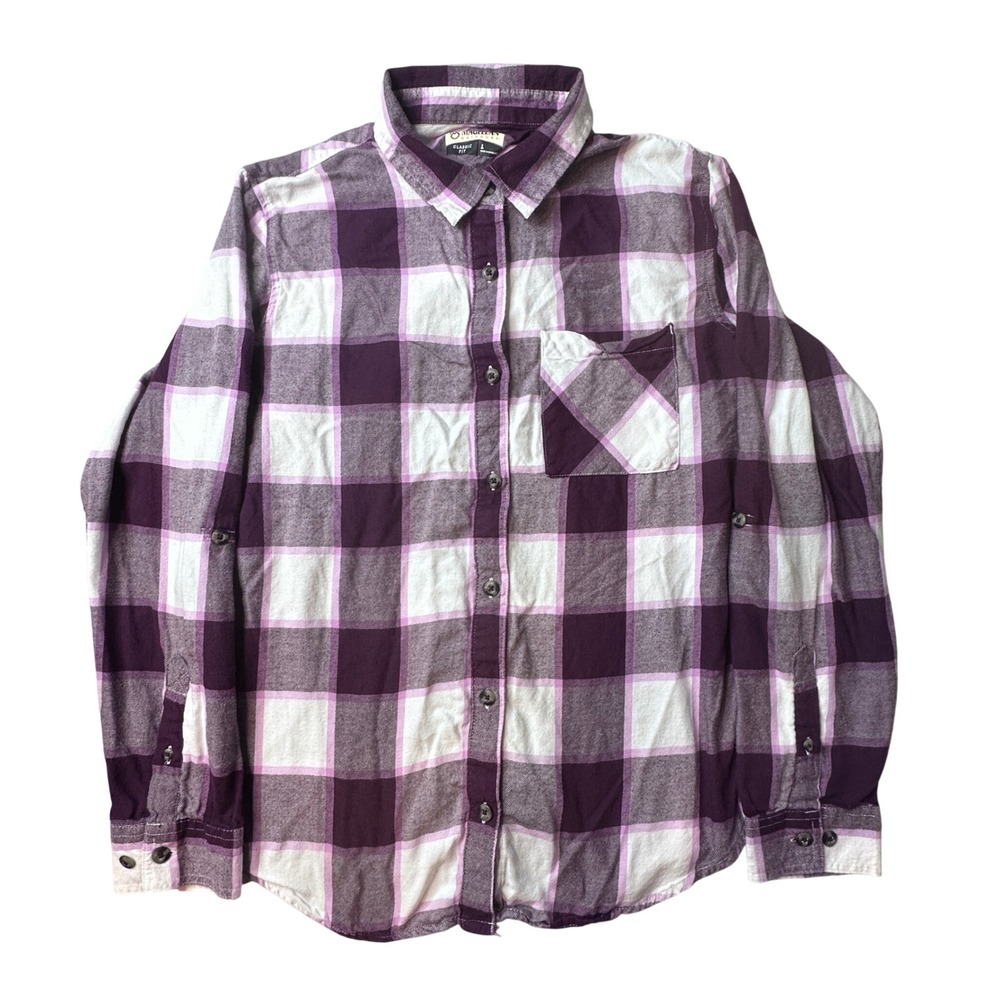 Magellan Outdoors Shirt Womens L Purple Willow Creek Plaid Roll Tab Button Up